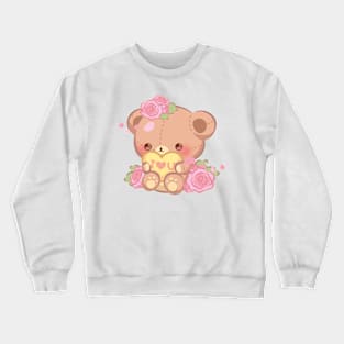 Pink Rose Floral Valentine Teddy Bear Hugging a Heart Crewneck Sweatshirt